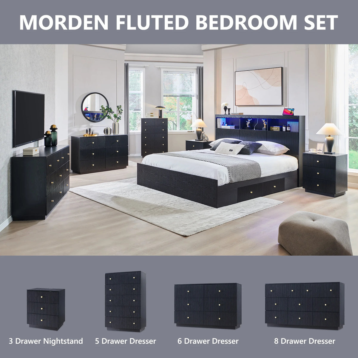 wow97e Fluted 6 Drawers Dresser, Wood 47" Tall Chest of Drawers with Deep Storage, Modern Bedroom Chest for Closet Hallway, Entryway, Living Room