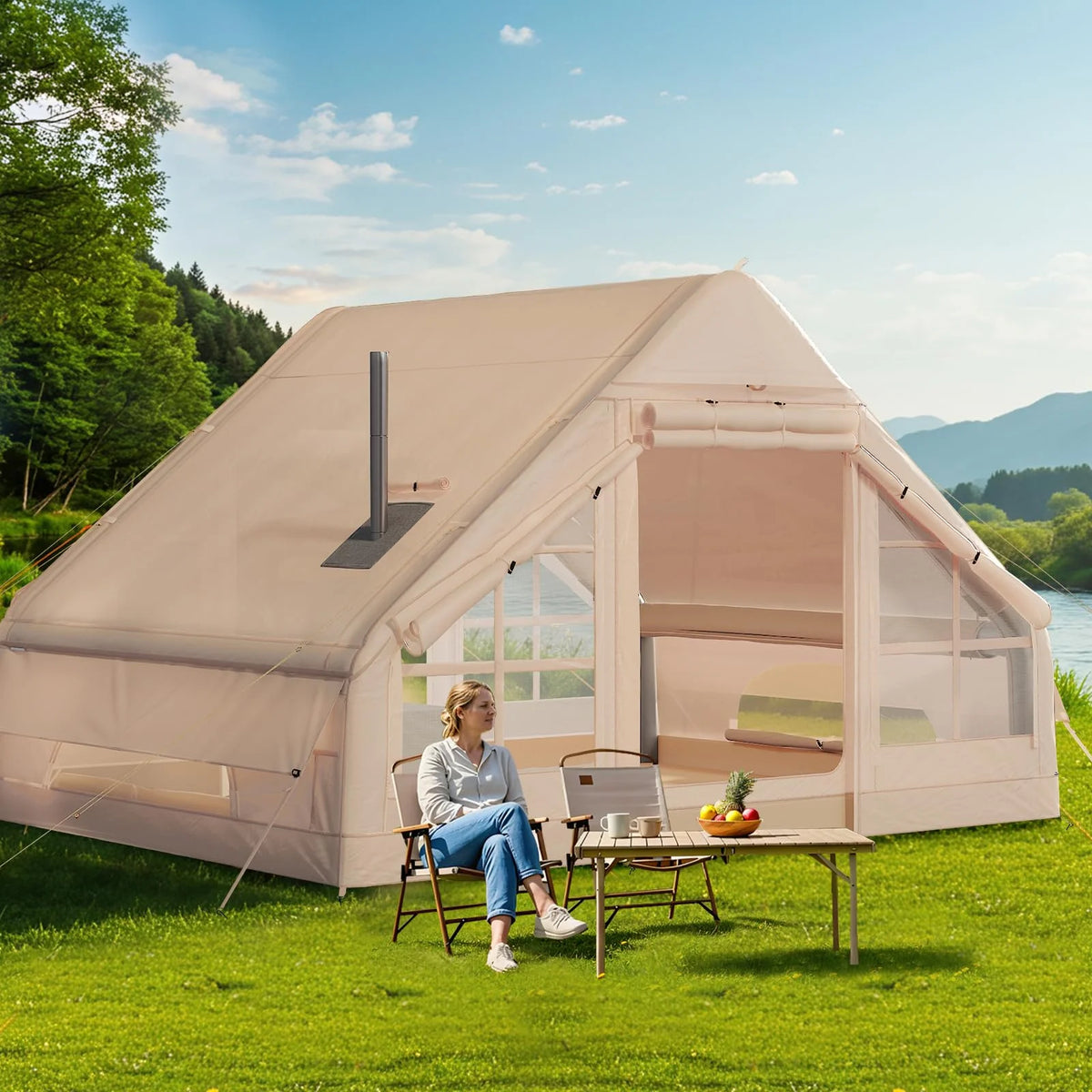 Yoleny 12'x8' Inflatable Tent, 96 SFT Blow Up Tent for Camping, 4 Season Oxford Glamping Tents with Clear Skylight, Pump & Stove Jack