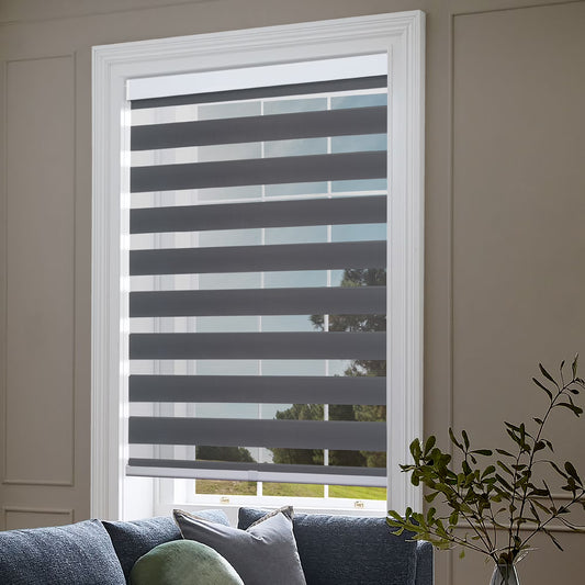 Zebra Cordless Window Blinds, Dual Layered Light Filtering Roller Shades, Easy Install Blinds, Indoor Home Decor, Pull-Down Shades for Windows, Light Control for Day & Night, White, 66"W X 72"H