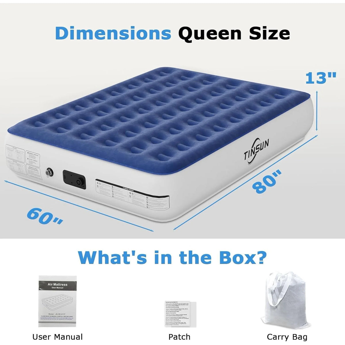 13" Queen Air Mattress, Portable Inflatable Blow Up Bed with Built-in Pump, Air Bed for Camping, Beach, Outdoor, Guest, Blue