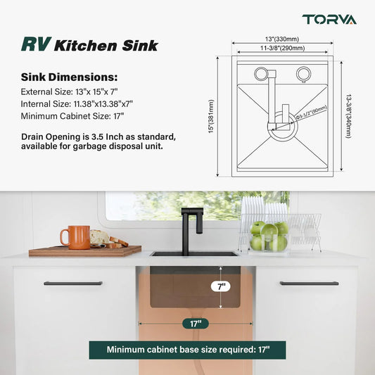 TORVA RV Kitchen Sink, 13 x 15 x 7 Inch Undermount Bar Sink 16 Gauge Stainless Steel Single Bowl Sink with Foldable Faucet Cutting Board, Dark Grey