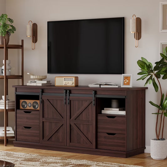 Vineego 70 inch Farmhouse TV Stand for Living Room, Entertainment Center with Sliding Barn Doors & 4 Storage Drawers, Adjustable Shelves Rustic Media Console for Bedroom,White