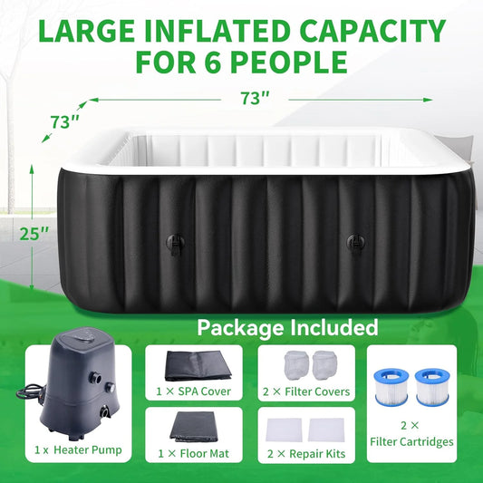 Sunyrisy 4-6 Person Inflatable Hot Tub, Square Blow Up Portable Hot Tub, Leak-Proof PVC Outdoor Spa with 130 Strong Air Jets, Heater Pump and Insulated Cover, 73�� X 73��X 25��