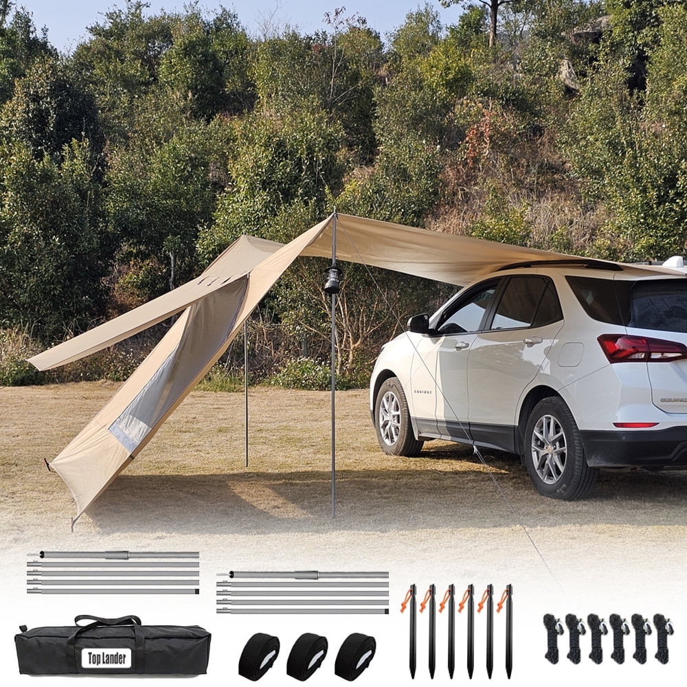 118x196in Car Side Awning with Pole Outdoor Camping Tent Tarp Waterproof Canopy Shade Sun Shelter with mesh