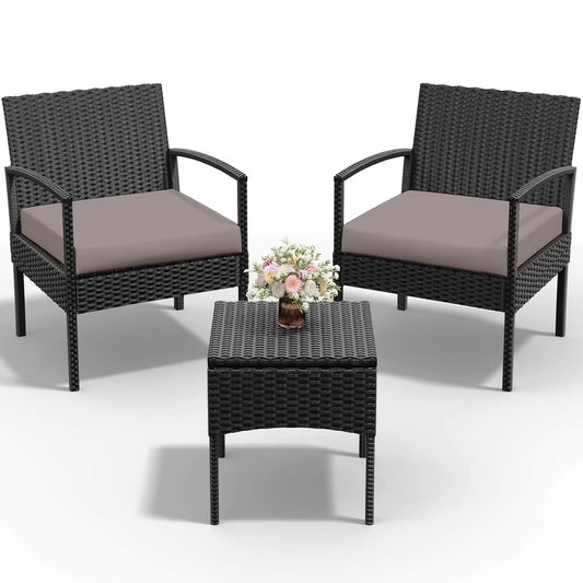 Tappio Outdoor Furniture 3 Piece Patio Bistro Furniture Set, Rattan Conversation Chairs Set with Side Table and Cushions, Patio Furniture Sets for Balcony Garden Porch, Red