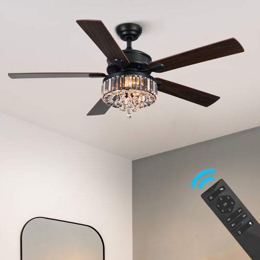 Bestco 52" Chandelier Crystal Ceiling Fan with Light 6 Speeds 5 Dual Sided Blades Chrome