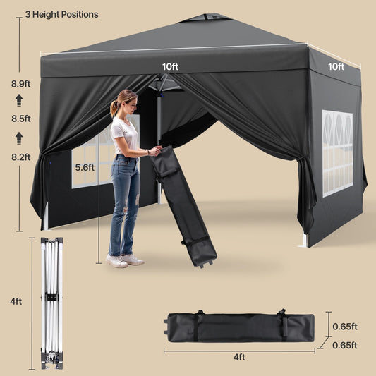 10'x10' Pop-up Canopy Tent with 4 Removable Sidewalls �?Lofka Portable Outdoor Canopy with 4 Sandbags, 8 Stakes & Ropes �?Perfect for Beach, Party, Patio & Yard Events, Black