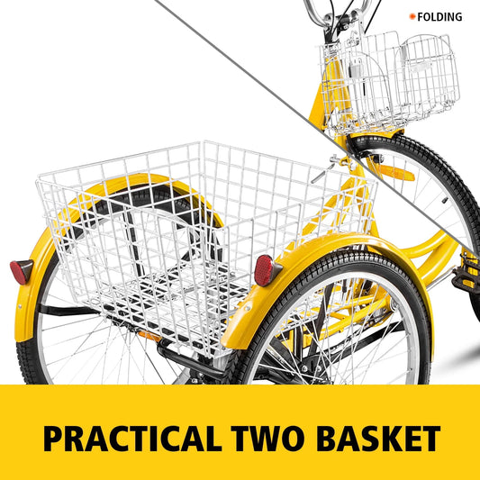 VEVOR 24"Adult Tricycle 7-Speed Three Wheel Bike Cruise Bike ,Seat Adjustable Trike with Bell, Brake System and Basket Cruiser Bicycles Size for Shopping