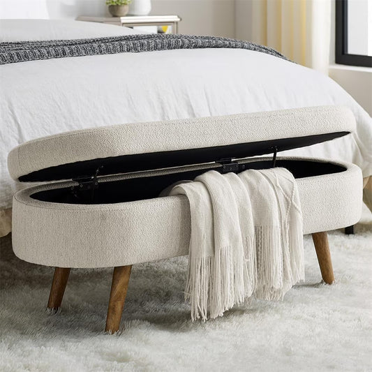 Sumdeal 43.5" Storage Ottoman Bench with 250lb Seating, Linen Upholstered Wood Legs Safety Hinge Flip Top Oval Foot Rest Long Stool for Sofa Couch Bedroom End of Bed Living Room Entryway, White
