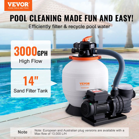 VEVOR Sand Filter Pump for Above Ground Pools,14-inch, 3000 GPH, 3/4 HP Swimming Pool Pumps System & Filters Combo Set with 6-Way Multi-Port Valve & Strainer Basket,for Domestic and Commercial Pools