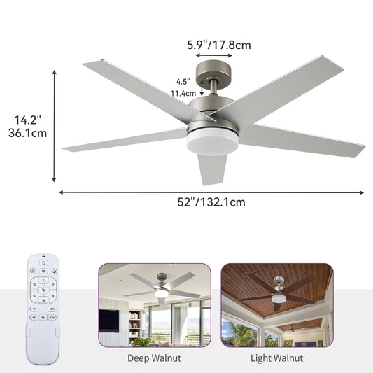 Uforic 52" Modern Ceiling Fan with Lights and Remote Control, 5-Blade Ceiling Fan with Dimmable Tri-Color Light, Quiet and Reversible 6-Speed DC Motor, Perfect for Bedroom, Living Room - Silver