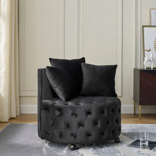 Swivel Barrel Chair, Modern Velvet Upholstered Lounge Chair with Button Tufted Design and Movable Wheels, Round Club Chair with 3 Pillows for Bedroom, Living Room, Lounge, Hotel. Black.