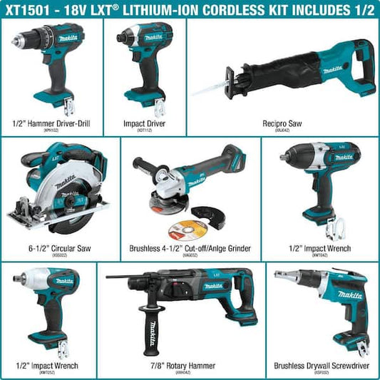 18V LXT Lithium-ion Cordless 15-Piece Combo Kit with (4) Batteries 3.0Ah, Charger and (2) Bags