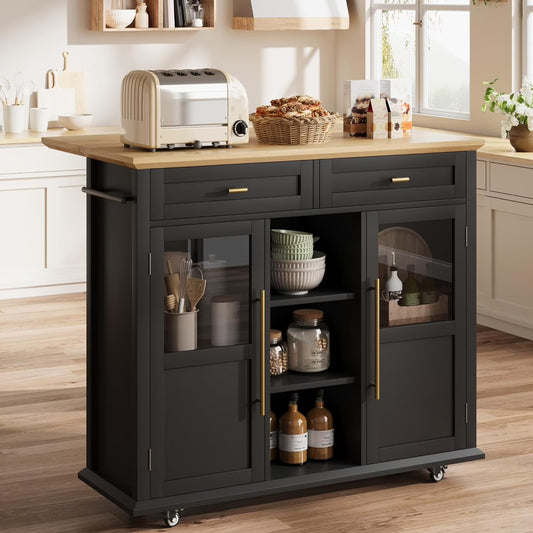 WALYWIK Foldable Kitchen Island Cart with Wheels, 2 Glass Doors, Spice Rack & Towel Holder �C Compact Mobile Storage Cart for Small Kitchens, Dining Rooms, Camping & RVs - Grey
