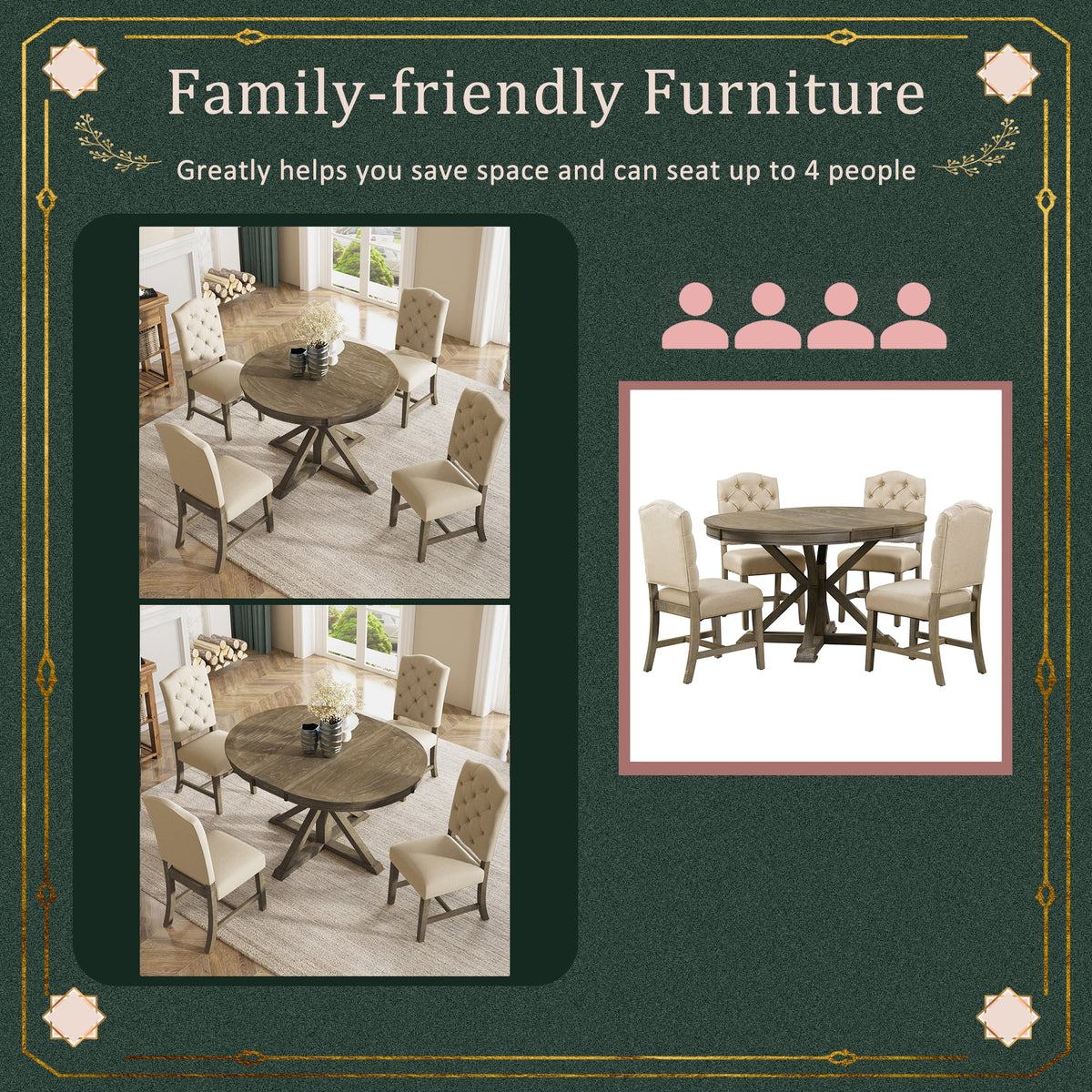 Besthome Farmhouse Extendable Round Kitchen Dining Room Table Set with Upholstered Chairs of 4, 5 Piece Round Dining Table Set with Extendable Table, Espresso