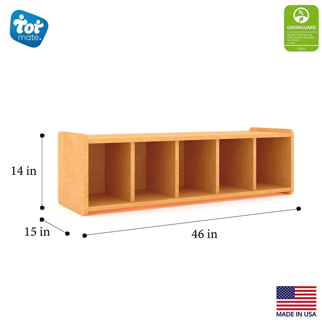 Tot Mate Children's Book Bench Cubby Storage for Classroom, 46" Wide, 5 Cubbies, Wooden, Maple, RTA