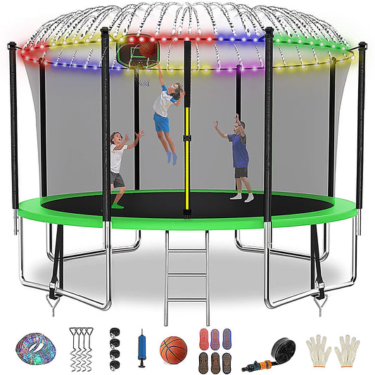 16FT Trampoline for 8-9 Kids Adults with Basketball Hoop, Enclosure, Light, Sprinkler, Socks, 2000LBS Outdoor Round Heavy Duty Recreational Backyard Trampoline