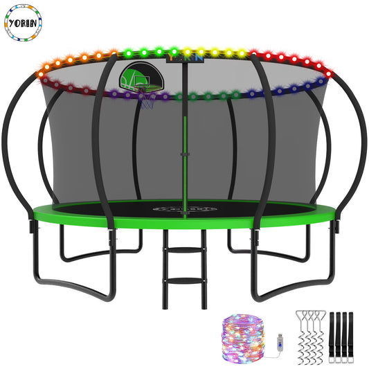 YORIN Trampoline with Trampoline Light, 1200LBS 12FT Trampoline for 5-6 Kids Adults, Recreational Trampoline with Basketball Hoop, Ladder, Galvanized Outdoor Heavy Duty Trampoline