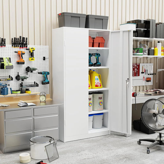 SUNCROWN 72" Metal Storage Cabinet - Heavy-Duty Metal Garage Cabinet with 4 Adjustable Shelves & 2 Doors for Tools, Office, Home, Workshop,White-Small