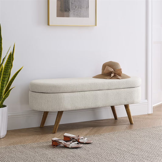 43.5" Oval Storage Ottoman Bench with Solid Wood Legs, Linen Fabric Upholstered Entryway Bench with Safety Hinge, Indoor Bench for End of Bed, Sofa Side, Entryway