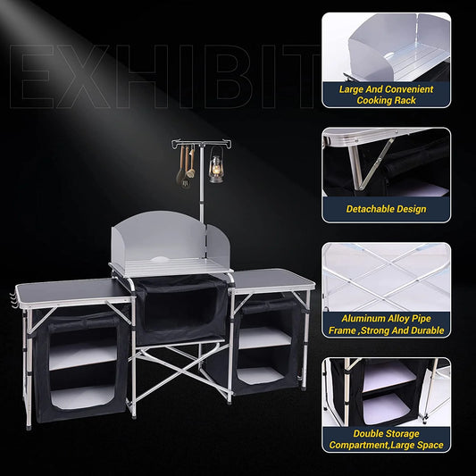 C Camping Kitchen Table, Folding Table, Upgrade Light Stand and Windshield Cooking Station & 3 Organizers, Carry Bag for Outdoor, Beach, BBQ, Picnic, Cooking, Indoor, Office