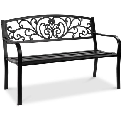 Best Choice Products Outdoor Steel Bench Garden Patio Porch Furniture w/ Floral Design Backrest - Black