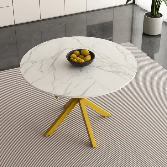 UHOMEPRO Extendable Dining Table with Extendable Blades, Modern Round Kitchen Table with Faux Marble Tabletop, Single Dining Room Table with Carbon Steel X-shaped Base for Dining Room, White+Gold