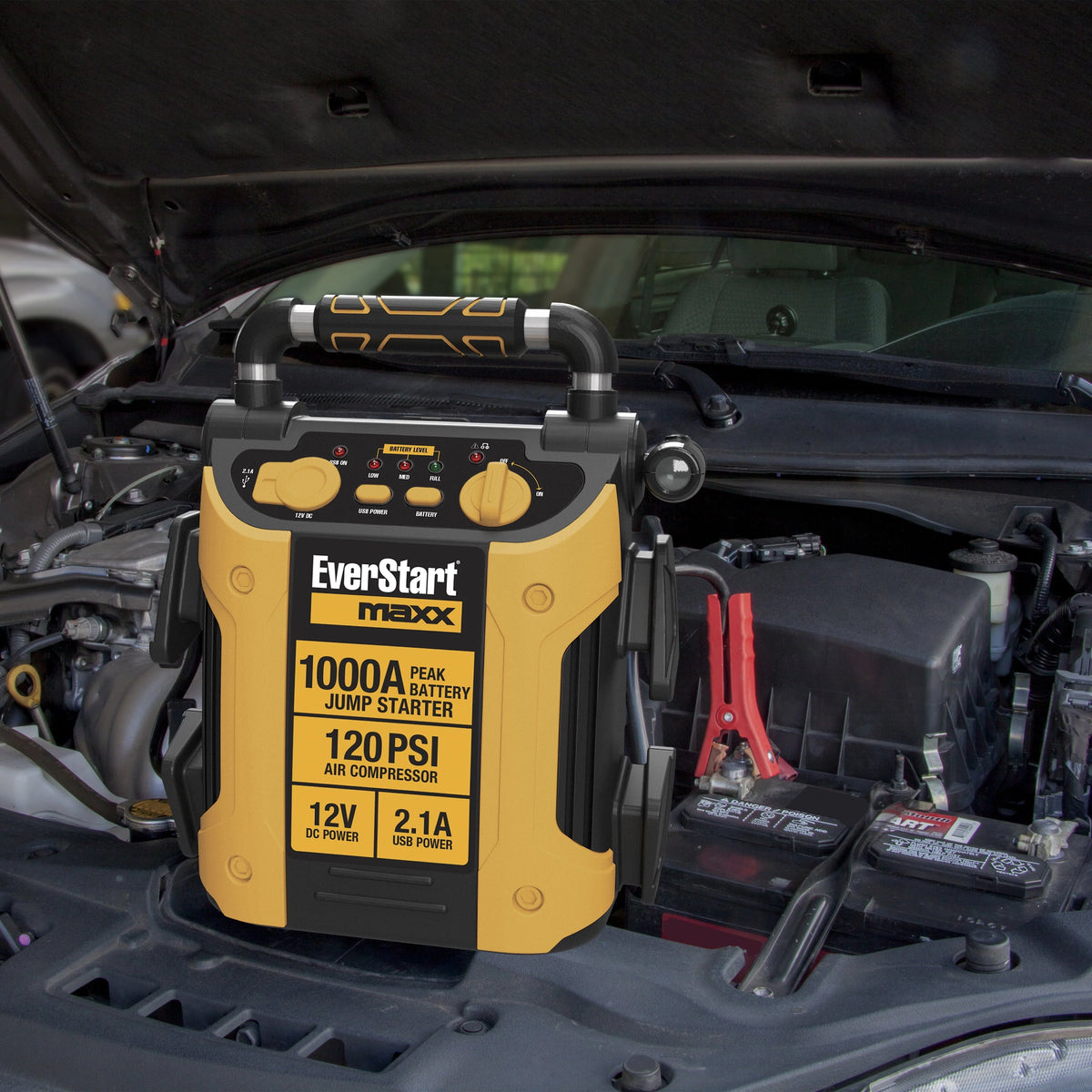 EverStart Maxx J5C09E 1000 Peak Amp Jump Starter with Compressor, Pivoting LED Light, DC and USB Port