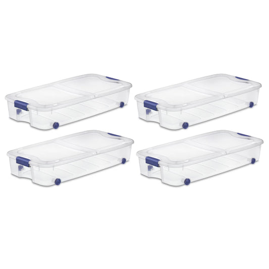 Sterilite 66 Quart Wheeled Latch Box, Clear Underbed Storage Bin with Lid, Blue, 4 Count