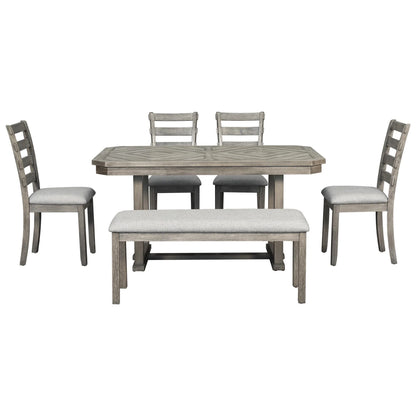 Bellemave 6-Piece Dining Table Set, Rubber Wood Rectangular Kitchen Table Set for 6, Farmhouse Dining Table Set with 4 Upholstered Chairs and Bench (Gray)
