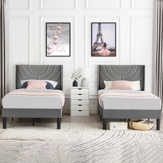 VECELO Set of 2 Twin Bed Frames, Modern Upholstered Platform Bed Frame with Tufted Headboard, No Box Spring Needed, Dark Green