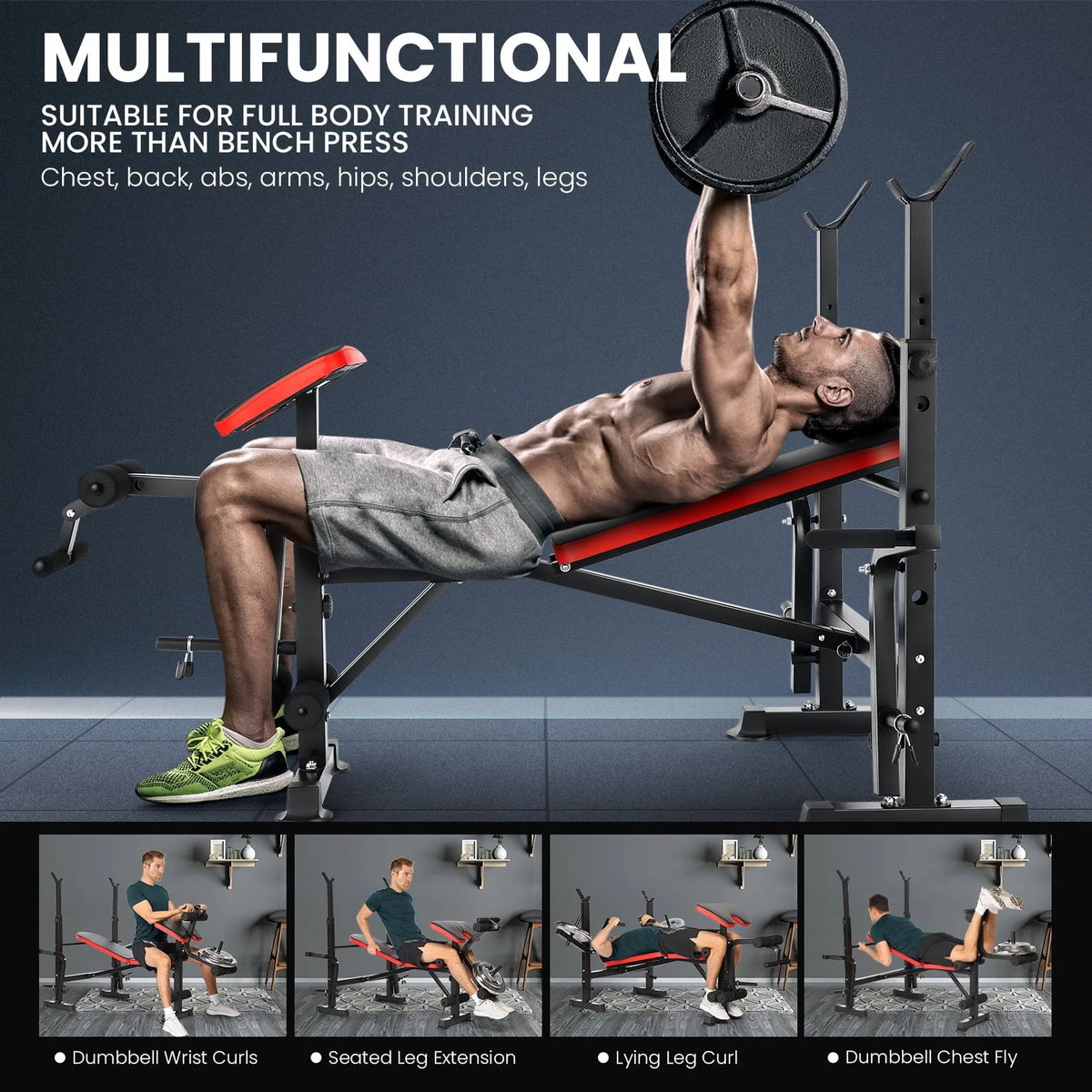 VIBESPARK Adjustable Weight Bench 600lbs 5-in-1 Foldable Workout Bench Set with Barbell Rack Leg Developer Preacher Curl Rack Dumbbell Fly Attachment, Multi-Function Strength Training Bench Press