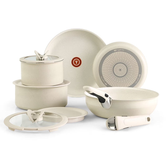 T-fal Ingenio Essentials Nonstick, 11 Piece Cookware Set, Detachable Handle, Oven, Broiler, Dishwasher Safe, RV, Grey Granite