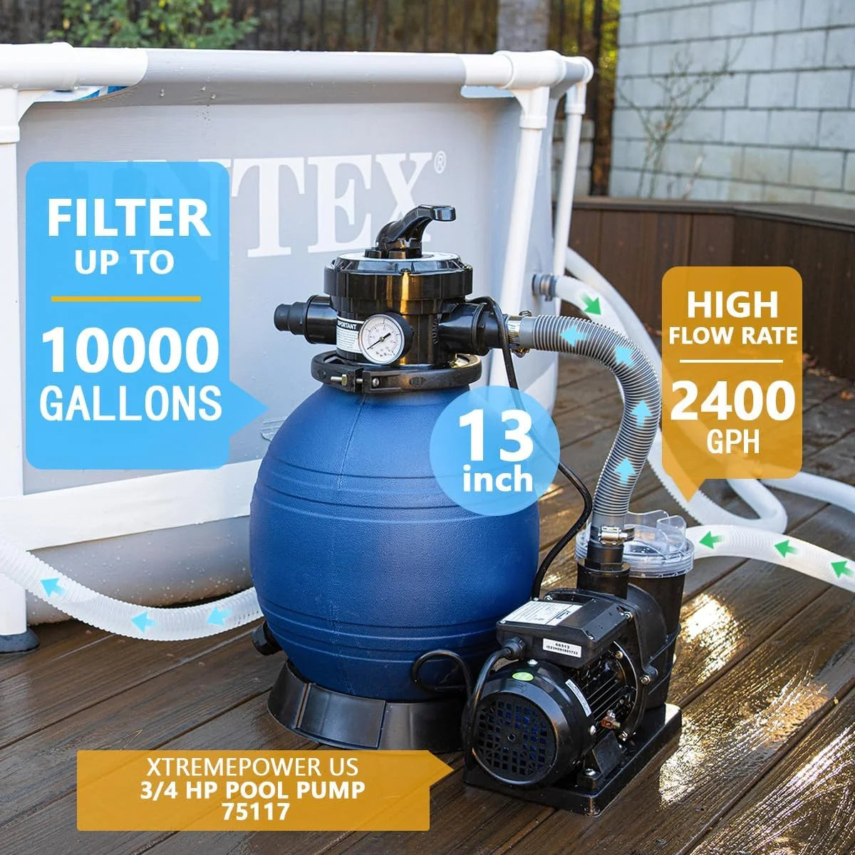 XtremepowerUS 13" Sand Filter Pump, 2400 GPH Xtreme Power Pool Pump for Above Ground Pools, .75HP