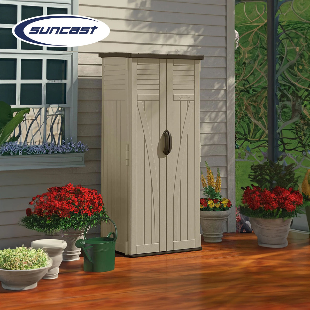 Suncast 22 Cubic Feet All-Weather Vertical Tall Outdoor Storage Shed, Brown