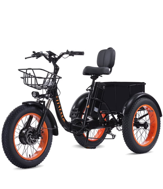 YEBEI Electric Tricycle for Adults Folding E-Trike Motorized Tricycle Electric 3 Wheels Trike Powerful 500W Motor Electric Tricycle 48V15AH Lithium Battery Max 20MPH 20*4.0�� Fat Tire Orange