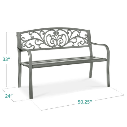 Best Choice Products Outdoor Steel Bench Garden Patio Porch Furniture w/ Floral Design Backrest - Black
