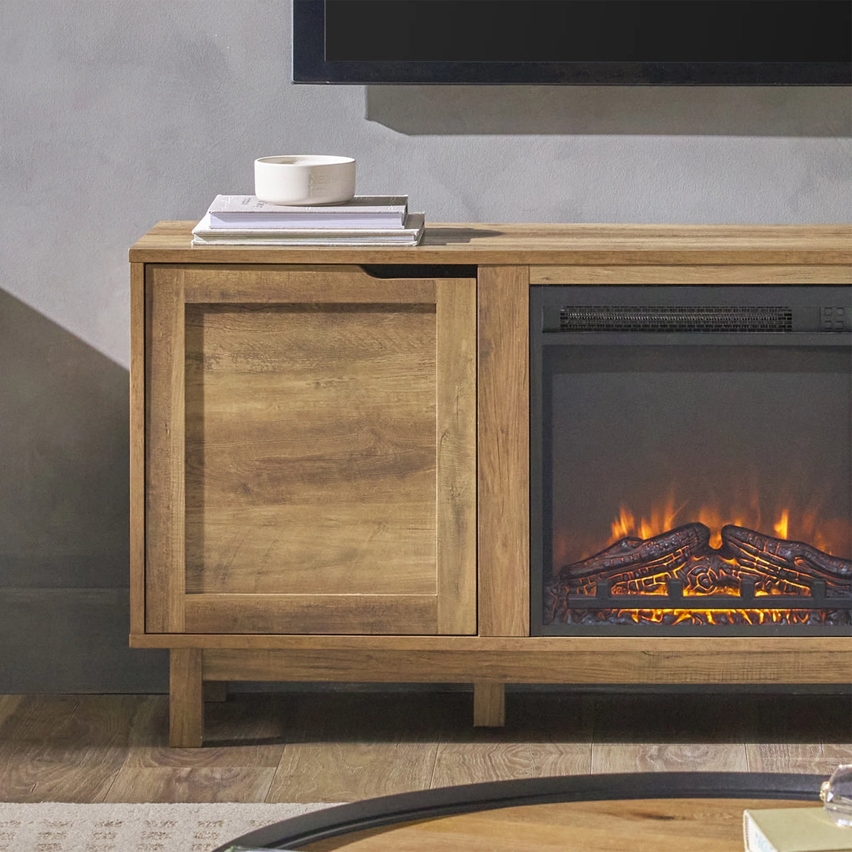 Walker Edison Transitional 2-Door Fireplace TV Stand for TVs up to 65��, Reclaimed Barnwood