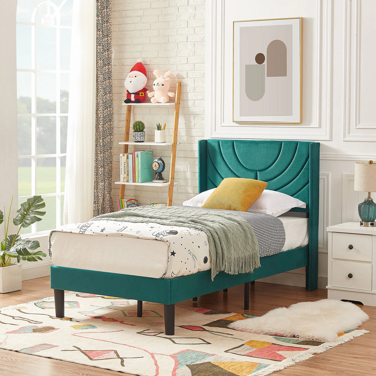 VECELO Set of 2 Twin Bed Frames, Modern Upholstered Platform Bed Frame with Tufted Headboard, No Box Spring Needed, Dark Green