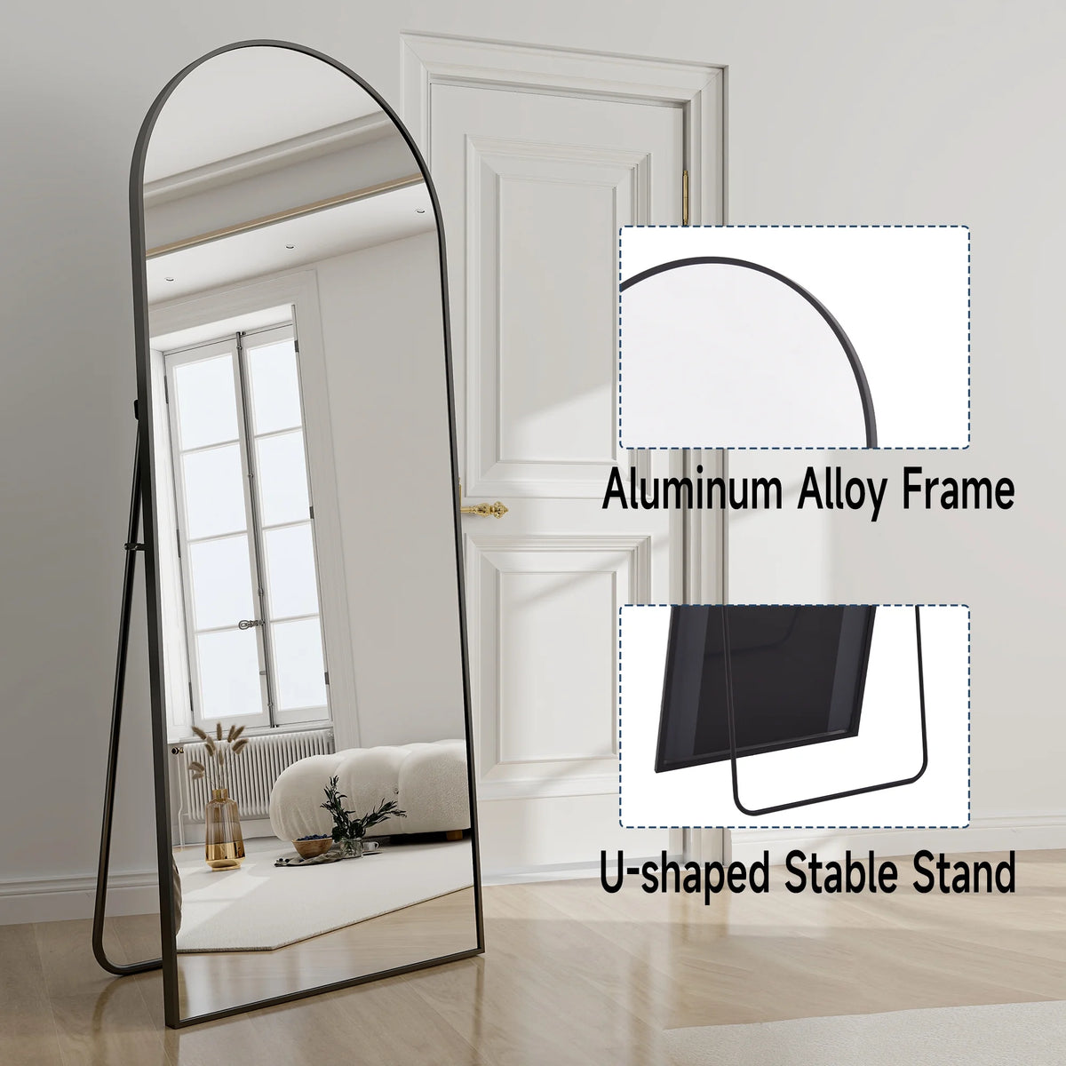 Anyrose 24"x65" Full Length Mirror with Arch-Top Standing Mirror Wall Mounted, Black