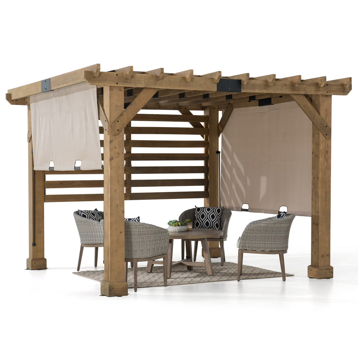 Sunjoy Cedar Pergola 10 x 11 ft. Wooden Hot Tub Pergola with Adjustable Canopy and Privacy Screen