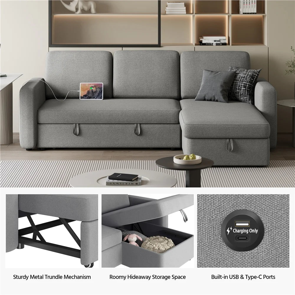 Alden Design Reversible Sectional Sofa with USB & Type-C Ports for Livingroom, Light Gray