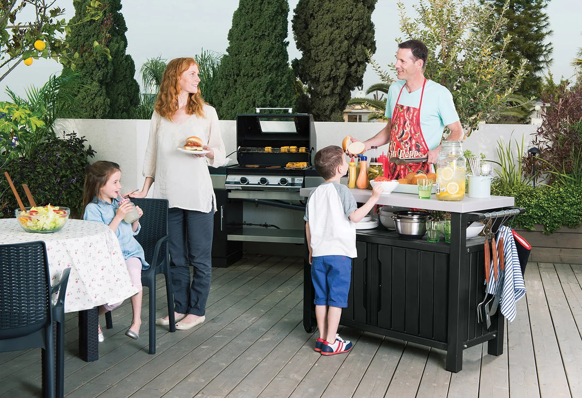 Unity XL Resin Serving Station, All-Weather Plastic and Metal Grill, Storage and Prep Table, Graphite