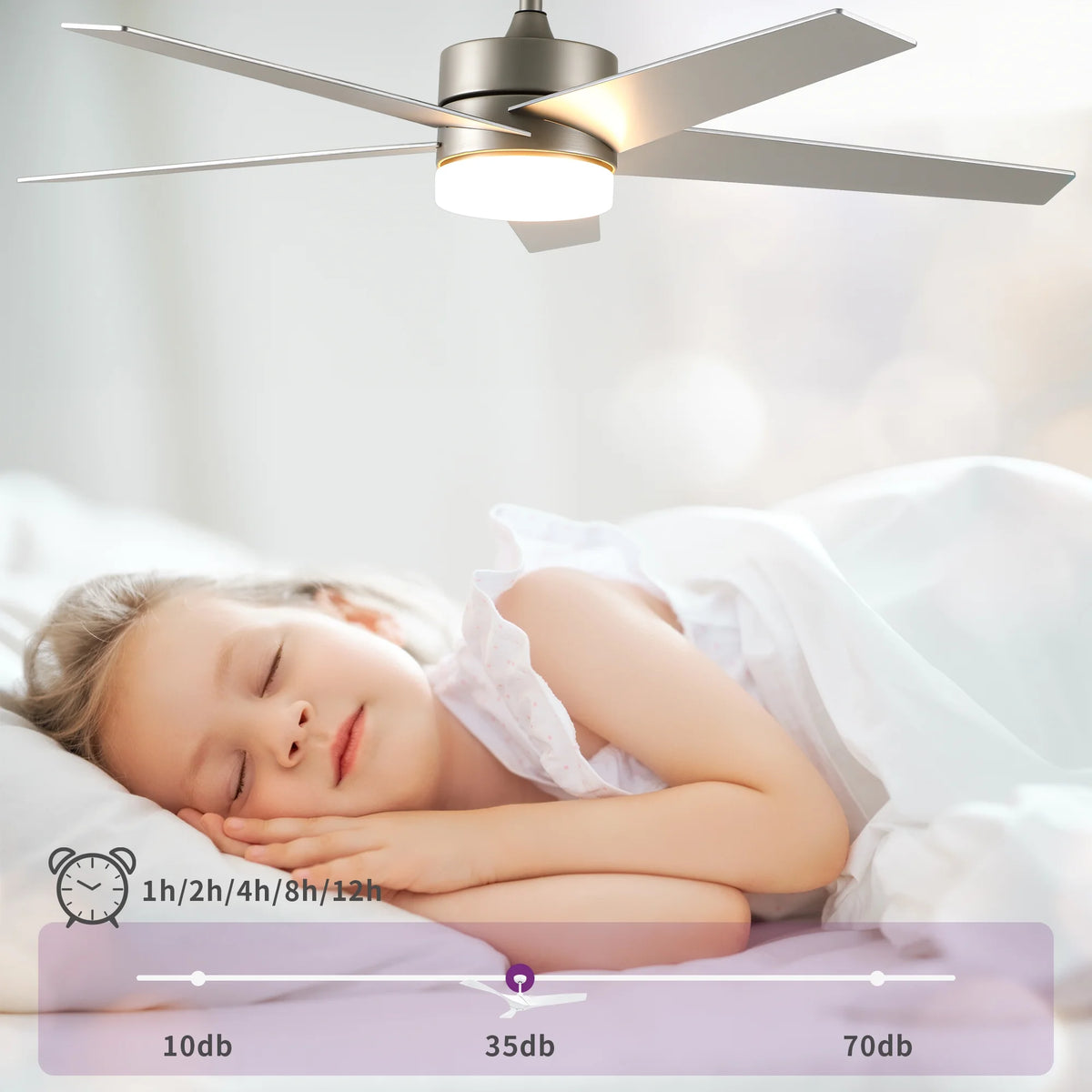 Uforic 52" Modern Ceiling Fan with Lights and Remote Control, 5-Blade Ceiling Fan with Dimmable Tri-Color Light, Quiet and Reversible 6-Speed DC Motor, Perfect for Bedroom, Living Room - Silver