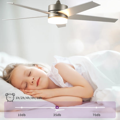 Uforic 52" Modern Ceiling Fan with Lights and Remote Control, 5-Blade Ceiling Fan with Dimmable Tri-Color Light, Quiet and Reversible 6-Speed DC Motor, Perfect for Bedroom, Living Room - Silver