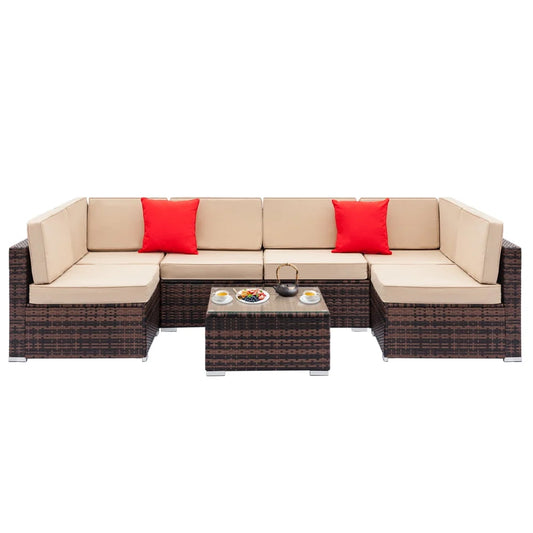 Wicker Patio Sofa Sets, 7 Pieces Outdoor Seating Sets, Lounge Sofa and Tempered Glass Coffee Table, Deck Front Garden Furniture Set, Brown Rattan + Beige Cushion
