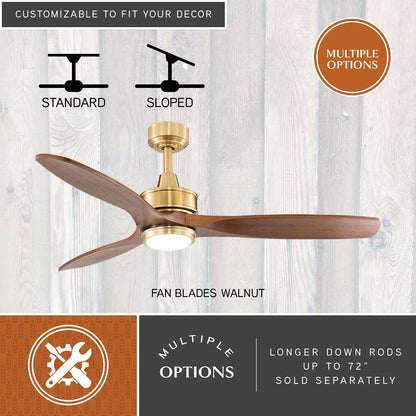 Vaxcel Curtiss Satin Brass Mid-Century Modern MCM Wood Propeller Ceiling Fan with LED Light Kit and Remote