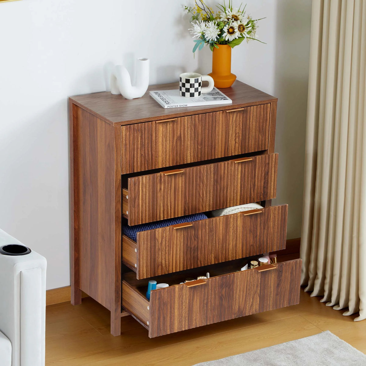 YOCWO Fluted Nightstand for Bedroom Set of 2 , Wood Bedside Table Set of 2 with Drawers, Black