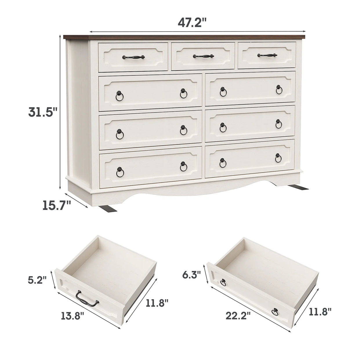 Vabches Farmhouse 6 Drawer Dresser, 43" Tall Chest of Drawers for Bedroom, Living Room, Hallway, Entryway, Antique White