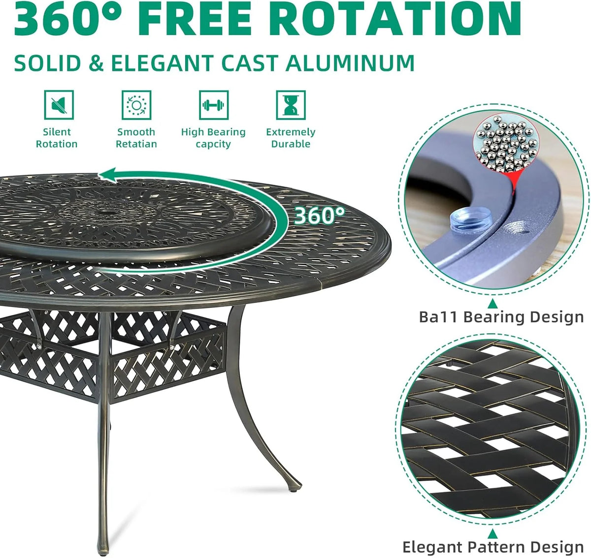 VIVIJASON Outdoor 61" Patio Dining Table for 6-8 Person, Large Patio Round Dining Table with 24" Lazy Susan, Dark Bronze Cast Aluminum Rustic Patio Table W/Umbrella Hole for Balcony, Porch and Deck